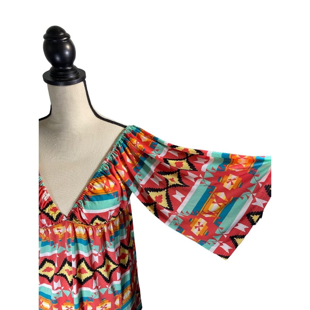Boho‎ Chic V-Neck Tribal Print Mini Dress With 3/4 Sleeves & Empire Waist - Picture 9 of 12